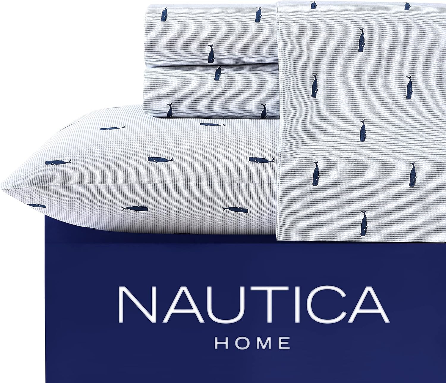 Nautica - Twin Sheets, Cotton Percale Bedding Set, Lightweight & Breathable Home Decor, Dorm Room Essentials (Whale Stripe Blue, Twin)