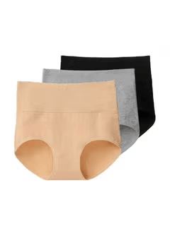 Generic  Pack of 3 Women's Cotton High Waist Full Coverage Hipster Panty, Free size Black/Beige/Grey